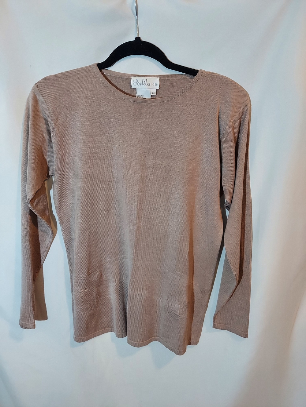 Perlita Knit 100% Silk Long Sleeve Crewneck Top Taupe Beige Size M Vintage